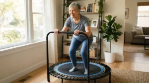 Senior exercising safely on a rebounder with support rail to improve balance and stability at home