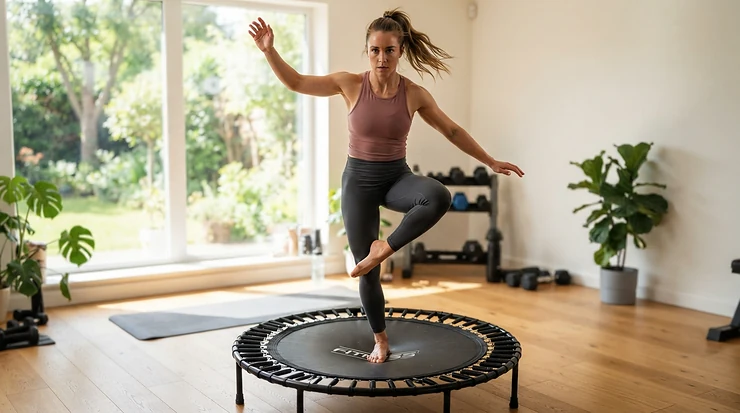 Person practicing balance exercises on a padded silent bungee rebounder.