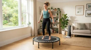 Fitness enthusiast using a silent bungee rebounder for gentle, joint-friendly home cardio.