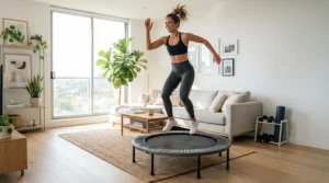 A person using a silent bungee rebounder in a small London flat living room with neutral decor.