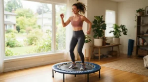 Woman doing a morning cardio workout on her silent bungee rebounder at home.