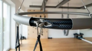 Detailed view showing how a silent bungee rebounder operates without squeaking compared to metal springs.