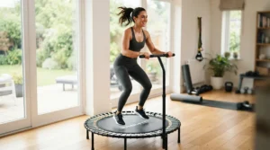 Fitness routine on a T-bar grip rebounder with handle bar designed for core stability training