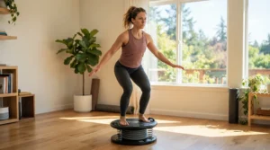 Engaging core muscles while balancing on a value fitness trampoline at home