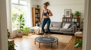A person doing a cardio workout at home on a value fitness trampoline in their living room