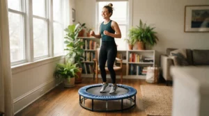 Doing gentle low-impact aerobics on a sturdy value fitness trampoline indoors