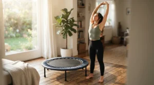 Morning stretching routine utilizing a value fitness trampoline for extra stability