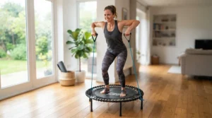 Using elastic cords during a routine on a value fitness trampoline for upper body strength