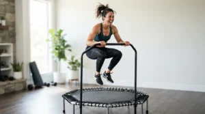 A fitness enthusiast using a sturdy balance bar for fitness trampoline for high-intensity jumping