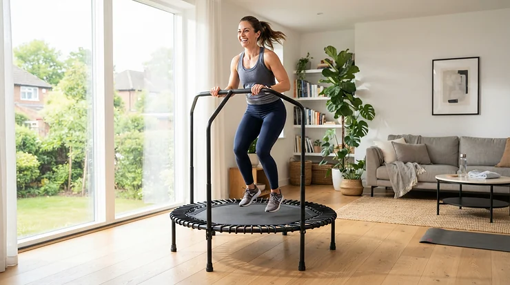 A person using a balance bar for fitness trampoline during a living room cardio session in London