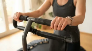 Close-up of hands holding the padded grip on a balance bar for fitness trampoline