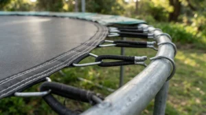 An illustration highlighting the quiet bungee cord suspension system on a low-impact rebounder for bad knees.