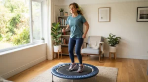 An illustration of a daily home fitness routine utilising a low-impact rebounder for bad knees.