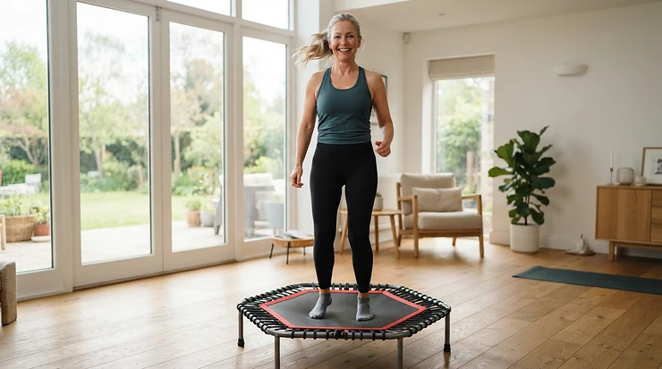 An illustration of a person achieving joint pain relief through a low-impact rebounder for bad knees workout session.