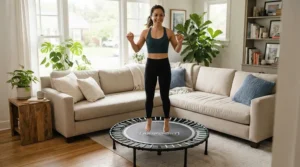 An illustration of a low-impact rebounder for bad knees being used safely in a cosy living room for gentle exercise.