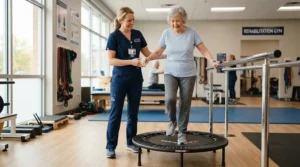 An illustration showing a physiotherapist demonstrating exercises on a low-impact rebounder for bad knees in a clinic.
