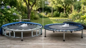 An illustration comparing the bounce mechanisms used in a low-impact rebounder for bad knees setup.