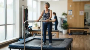 An illustration of an elderly adult using a low-impact rebounder for bad knees equipped with a sturdy stability handlebar.