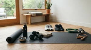 A complete rebounder accessories bundle laid out neatly on a wooden floor, perfect for home fitness beginners.