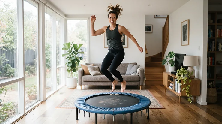 Dynamic action shot featuring items from a rebounder accessories bundle during an invigorating home routine.
