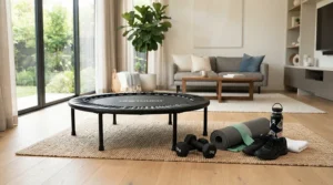 Essential components of a rebounder accessories bundle displayed alongside a modern indoor fitness trampoline.