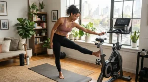 A person using items from their rebounder accessories bundle during a morning workout in a London flat.