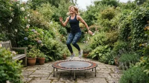 A person doing weight-bearing exercise on a rebounder for bone density support on a patio in the British countryside.