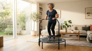 An older woman enjoying a gentle session on a rebounder for bone density support in her sunlit London living room.
