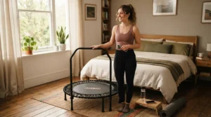 Starting the day with a quick wellness routine using a rebounder for bone density support in a cosy bedroom.