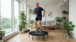 A middle-aged man doing low-impact weight-bearing exercise on a rebounder for bone density support at home.