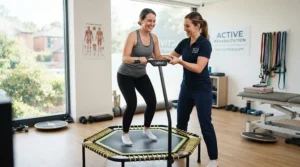 A physiotherapist guiding a patient using a rebounder for bone density support during a gentle rehab session.