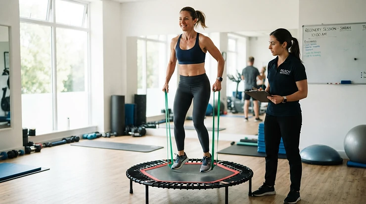 A patient safely rebuilding strength on a rebounder for bone density support as part of a physiotherapy program.