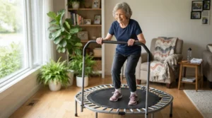 A senior adult safely using a rebounder for bone density support equipped with a stability handlebar for extra security.