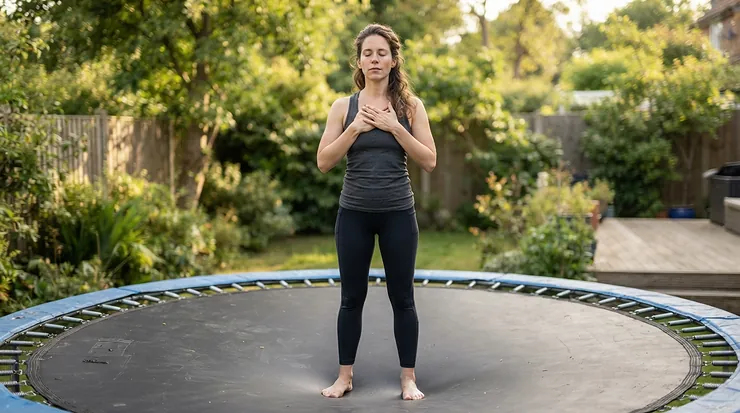 Deep breathing exercises alongside a rebounder for mental health & stress relief