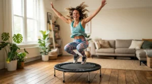 Smiling woman experiencing endorphins while using a rebounder for mental health & stress relief