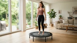 A person using a rebounder for mental health & stress relief in a bright London flat