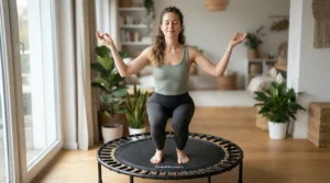 Practising mindful movement with a rebounder for mental health & stress relief at home