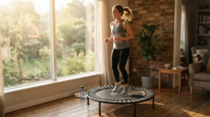 Morning routine featuring a rebounder for mental health & stress relief by the window