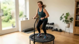 A fitness enthusiast doing gentle low-impact training on a rebounder under £150