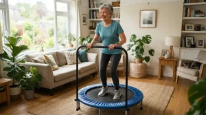 A senior person enjoying a rebounder under £150 for low-impact cardio in a cosy living room