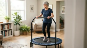 An elderly user exploring a rebounder under £150 for low-impact cardio joint health