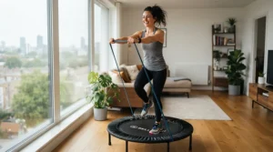 Demonstrating home workout value with a rebounder under £150 for low-impact cardio