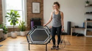 A beginner starting out with rebounder vs skipping rope for fitness using budget cardio equipment