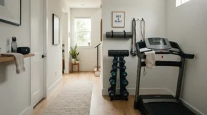 A folding rebounder trampoline review setup showing rebounder vs skipping rope for fitness storage