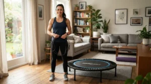 A person deciding on rebounder vs skipping rope for fitness in a modern flat with budget cardio equipment