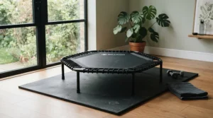 A quiet indoor fitness setup showing a rebounder vs treadmill for cardio option suitable for shared buildings.