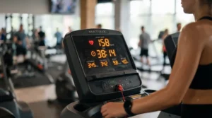 Digital screen showing workout metrics during a rebounder vs treadmill for cardio energy expenditure assessment.