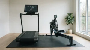 A side-by-side view illustrating a rebounder vs treadmill for cardio gear choice in a spacious fitness room.