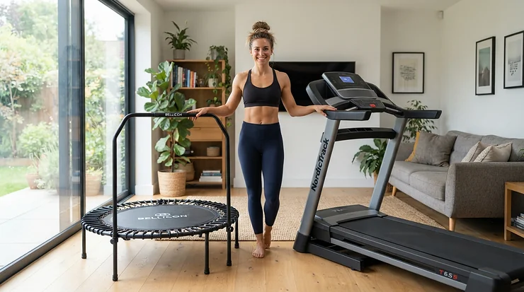 A person deciding between a mini trampoline and a running machine for a rebounder vs treadmill for cardio home workout routine.
