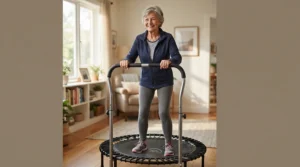 A beginner using a stability bar for seniors rebounding to build confidence and steady balance.